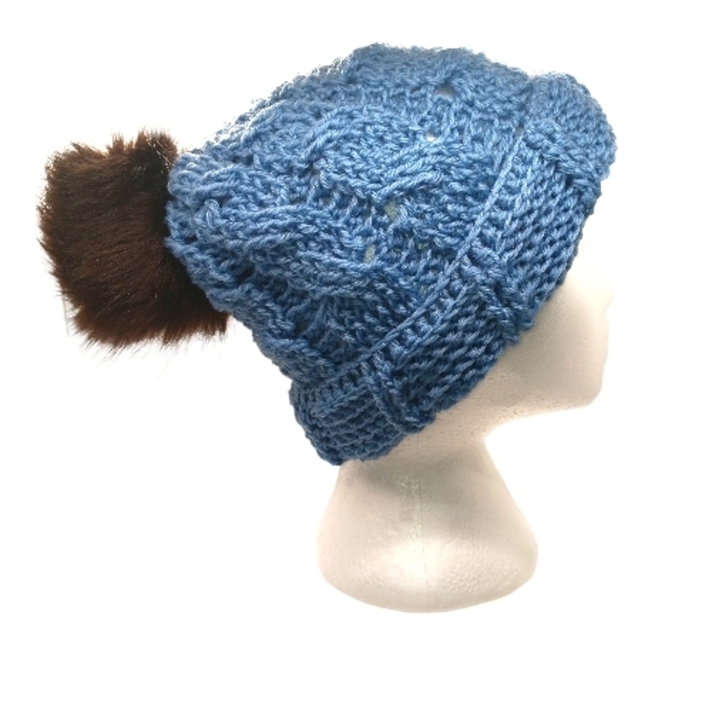 HANDMADE Blue Cable Knit Hand Crochet Wool Beanie Hat & Brown Faux Fur Pom Pom
